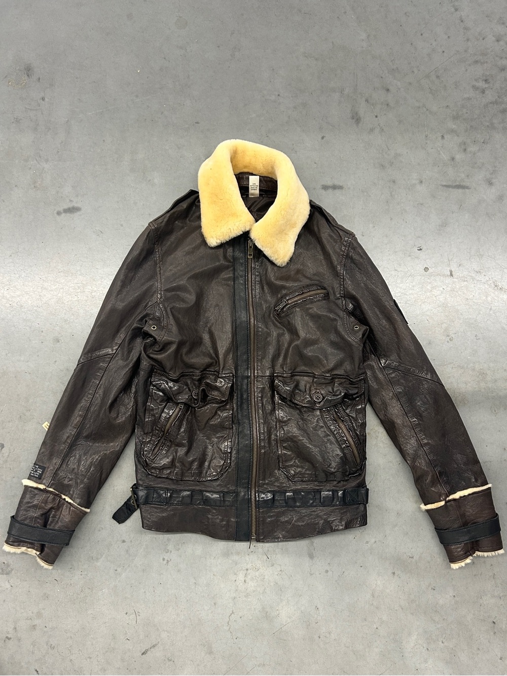 Vintage Y2K Diesel Dark Brown Leather and Shearling Jacket Size L